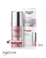 Product photo of Eucerin Anti-Pigment Dual Serum 30ml bottle and its retail box, featuring Patented Thiamidol technology, designed to reduce all types of dark spots and achieve long-term even skin tone, premium medical skincare