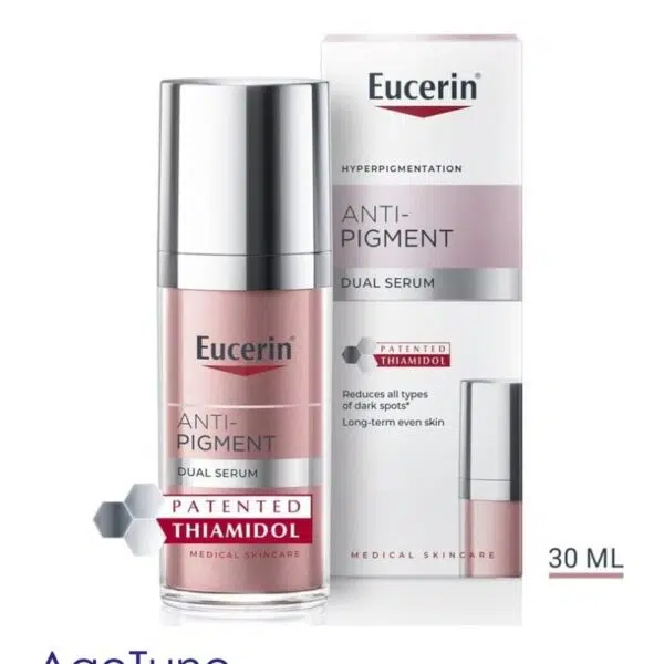 Product photo of Eucerin Anti-Pigment Dual Serum 30ml bottle and its retail box, featuring Patented Thiamidol technology, designed to reduce all types of dark spots and achieve long-term even skin tone, premium medical skincare